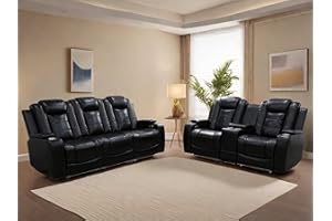 FONTOI Power Recliner Sofa, 2 Pieces Reclining Loveseat Leather Couch Set, Reclining Sofa for Living Room Furniture Sets with Cup Holders, Storage Console, Wireless Charger, LED Light, Black