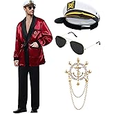 Halloween Hugh Hefner Costume Red Silky Robe Jacket & Pajama Pants Captain Costume Set with Hat Sunglasses Pipe Pin