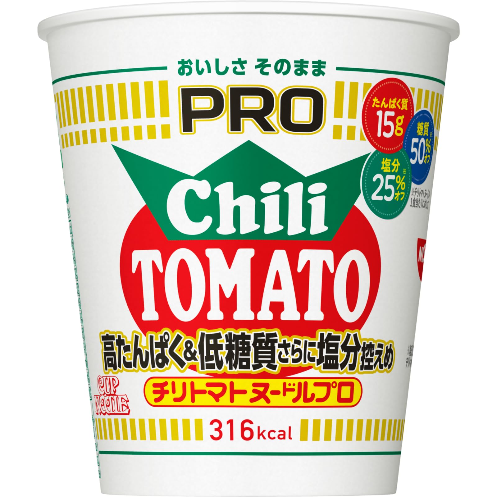 カップヌードルPRO チリトマトヌードル 高たんぱく&低糖質さらに塩分控えめ [おいしさそのまま] 日清食品 カップ麺 食物繊維 1食あたり316kcal 80g×12個商品画像