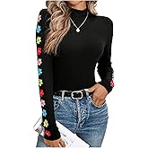 SweatyRocks Women's Long Sleeve Mock Neck Tops Cute Floral Print Slim Fit Basic T Shirts