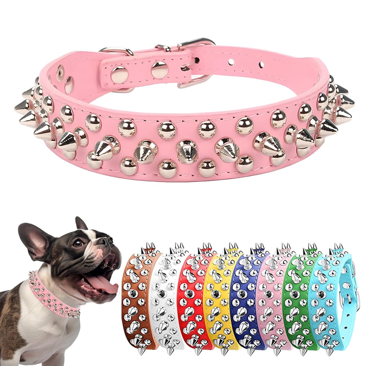 Spiked Dog Collars, Studded Dog Collar Leather Rivet Puppy Collar Spike Adjustable for Small Medium Large Dogs Pink XS