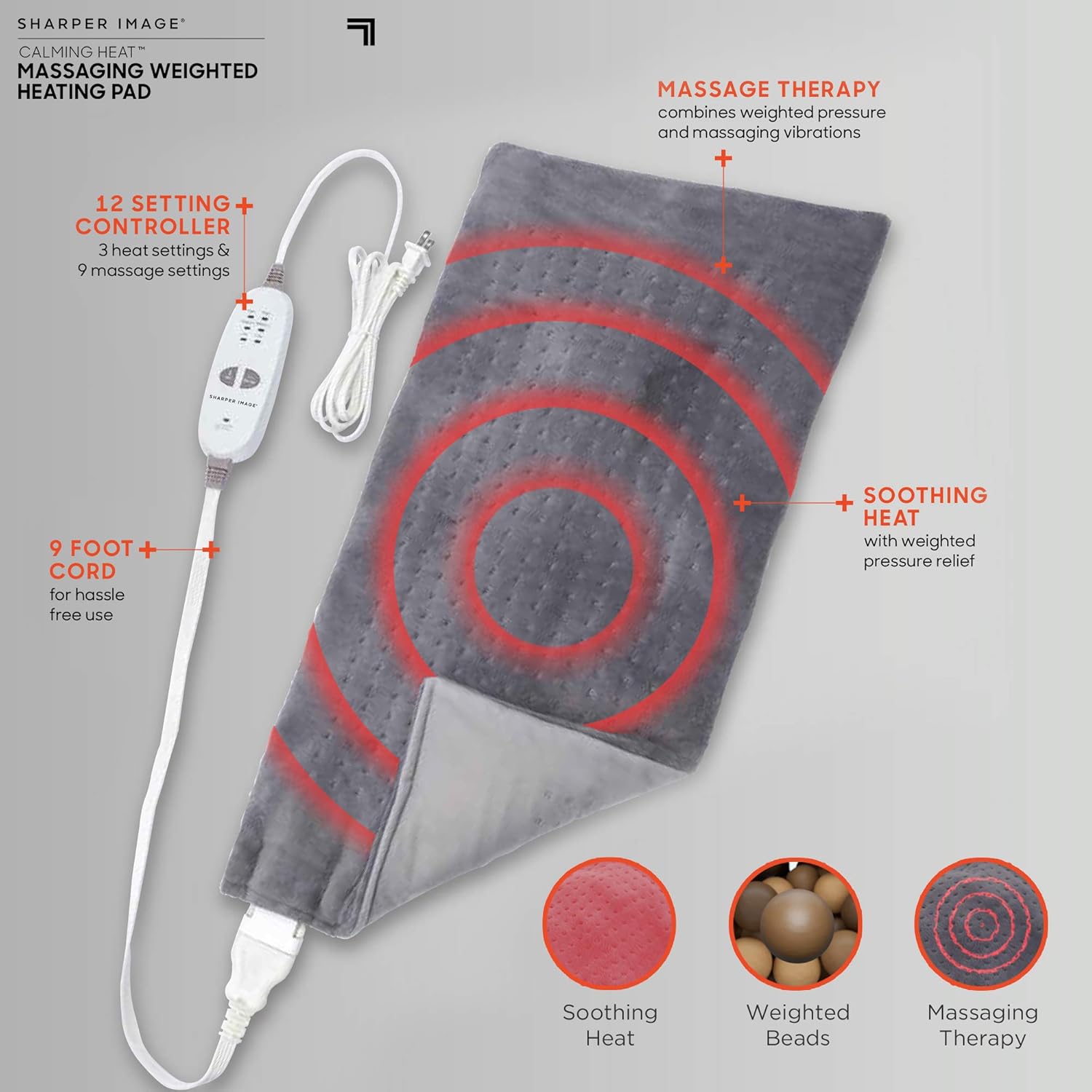 Calming Heat Massaging Weighted Heating Pad by Shaper Image- Electric Heating Pad with Massaging Vibrations, Auto-Off,12 Settings- 3 Heat, 9 Massage- 27 Relaxing Combinations, 12” x 24”, 4 lbs: Health & Personal Care