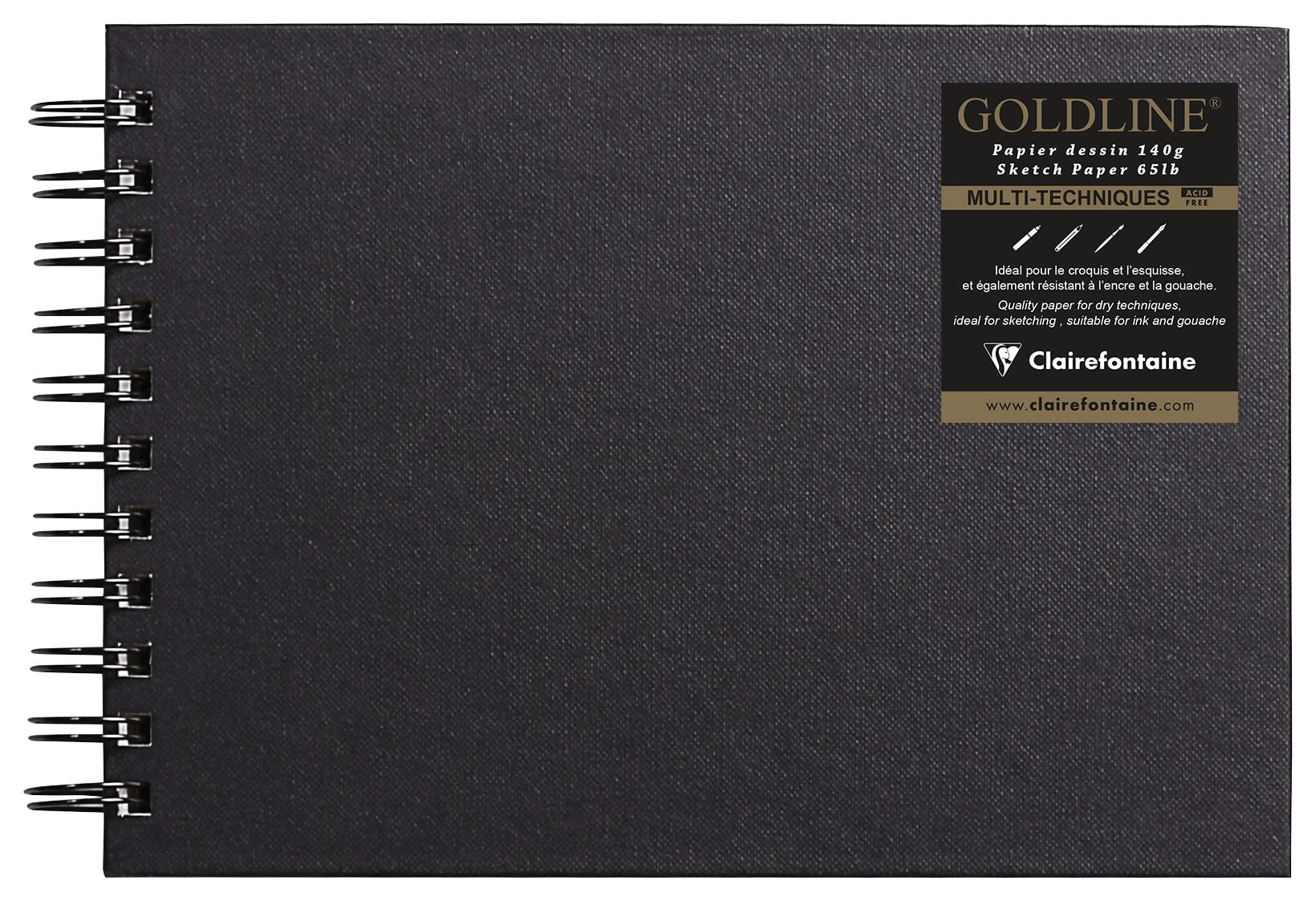 Clairefontaine - Ref 34257C - Goldline Wirebound Pad (64 White Sheets) - A5 Size, 140gsm Paper, Landscape Layout - Black Cover - Suitable for Dry Techniques