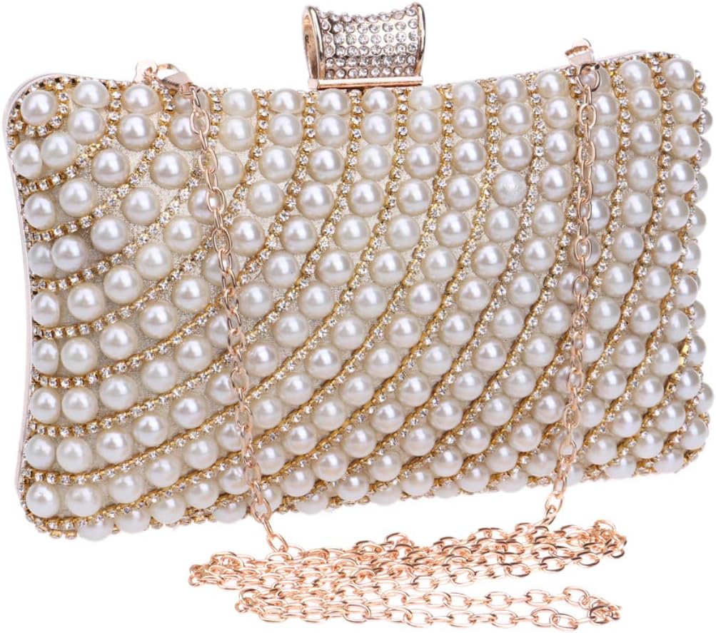 Puyang Shining Seed/Bead Faux Pearl Diamante Rhinestone Clutch Handbag(Gold)