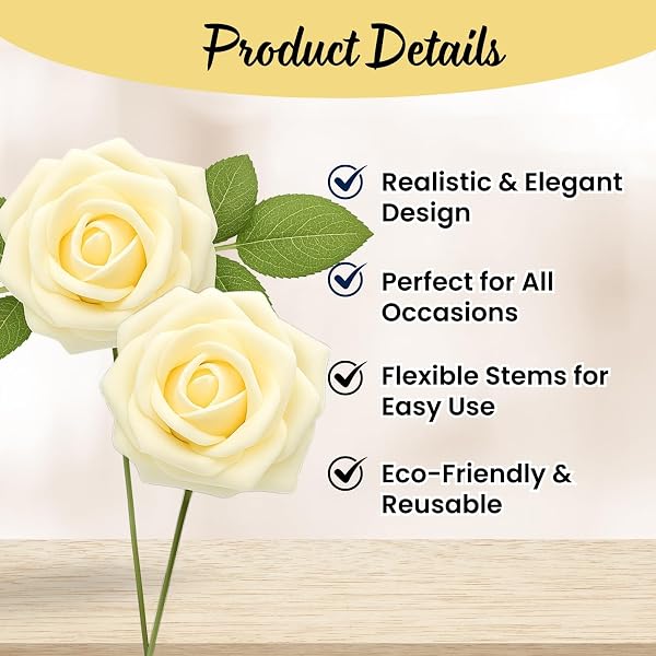 RCZ DÉCOR ARTIFICIAL CREAM FOAM ROSES WITH STEMS & LEAVES – PACK OF 50, PERFECT FOR WEDDING CENTERPIECES, EVENT DECOR, DIY BOUQUETS, AND MORE