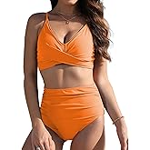 Buauty Women's Bikini Sets Two Piece High-Waisted Ruched Bathing Suit V Neck Twist Front Adjustable Straps Swim Suits