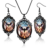 Nosiny Gothic Earrings and Necklace Vintage Hallowen Jewelry Set Crystal Glass Witch/bat Dangle Earrings Cameo Necklace Gothic Victoria Punk Mystic Cosplay Costume Accessories for Women