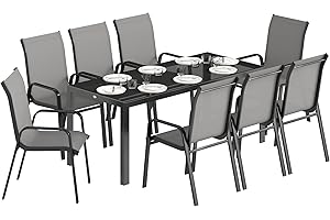 Outsunny 9 Piece Garden Dining Set, 8 Seater Garden Table and Chairs, Outdoor Dining Set with Tempered Glass Top Table, Texte