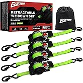 ELIFTING 4-Pack Retractable Ratchet Straps 1” x 10ft – 1650lb Break Strength Heavy Duty Auto Self Retracting Tie Down Straps with Reflective Stitching for Truck, Cargo Trailer, Motorcycle, ATV - Green
