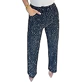LETSVDO Women's Rhinestone Jeans Baggy High Waisted Y2k Straight Wide Leg Sparkly Glitter Bling Denim Pants Trousers