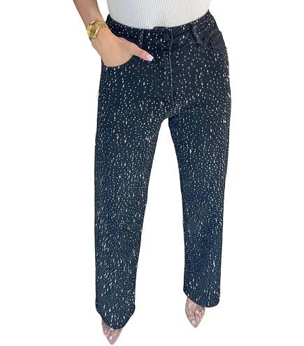 Sexyshine Women's Y2K Rhinestone Jeans Baggy Wide Leg Sparkly