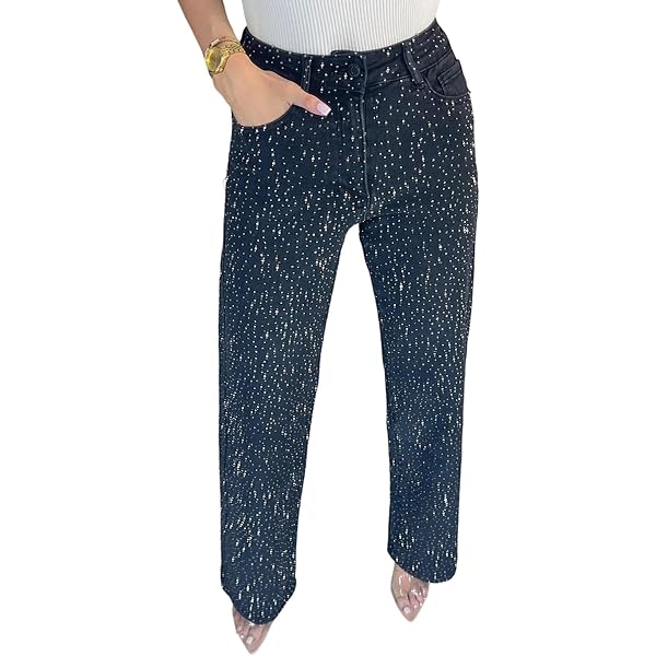 LETSVDO Women's Rhinestone Jeans Baggy High Waisted Y2k