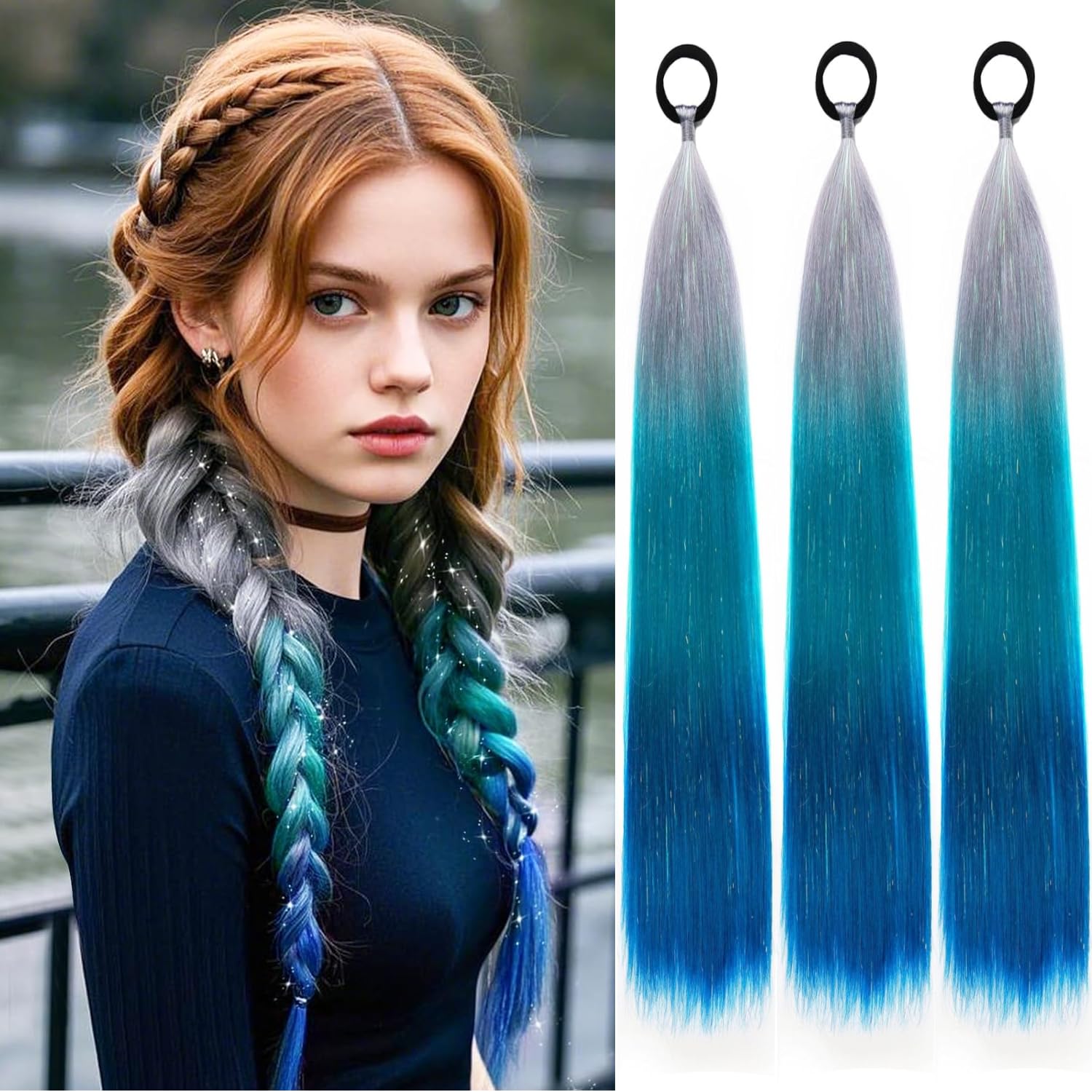 PORSMEER 3 Packs Ponytail Extension 24 inch Silver to Teal to Royal Blue Colored Hair Extensions for Braiding Ombre Pony Tail Hair Extensions for Braids with Hair Tie Glitter Hair for Festival/Party โ image 1