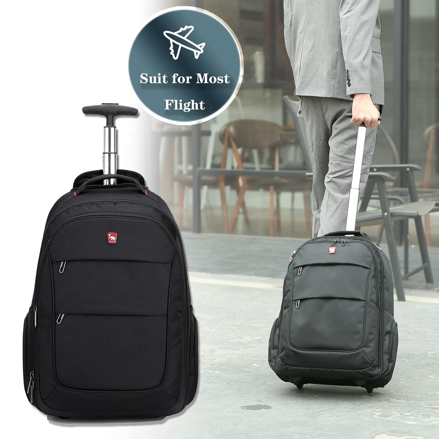 OIWAS Travel Rolling Backpack with Wheels, 17.3 inch Wheeled Laptop Backpack with Wheels for Adults, Carry on Luggage Business Roller Computer Bag Work Trolley Suitcase 36L Men Women Black