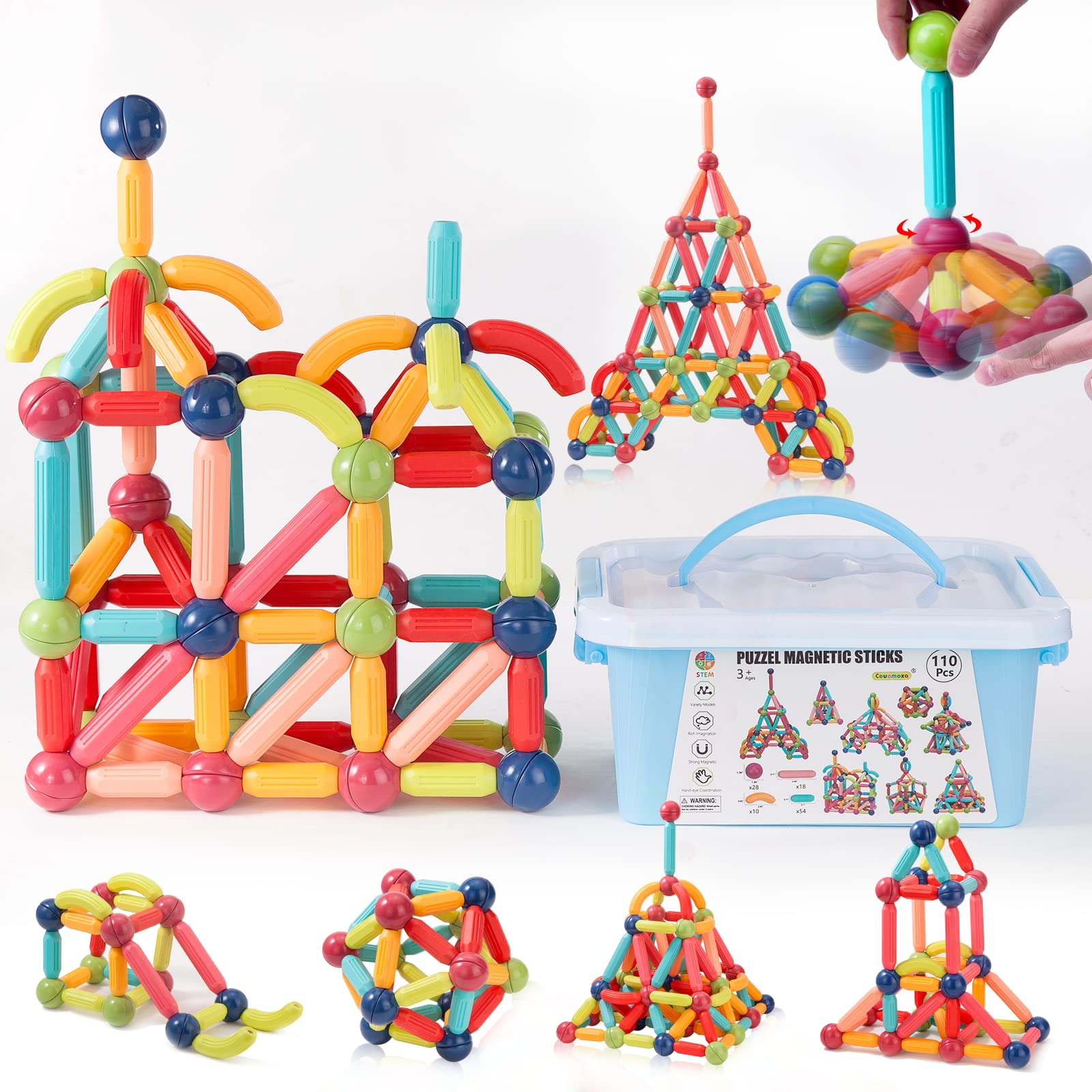 Photo 1 of COUOMOXA Magnetic Sticks STEM for Kids: 3 4 5 6 7 8+ Year Old 110pcs Educational Magnetic Construction Set - Learning Toy for 3-12 Kids Classroom Home - Birthday Gift for Boys Girls