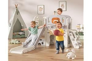 BIERUM 9 in 1 Toddler Slide Set - Baby Slide for Toddlers 1-3 with Ring Toss and Basketball Hoop, Indoor Outdoor Toddler Playset Playground Beige Gray