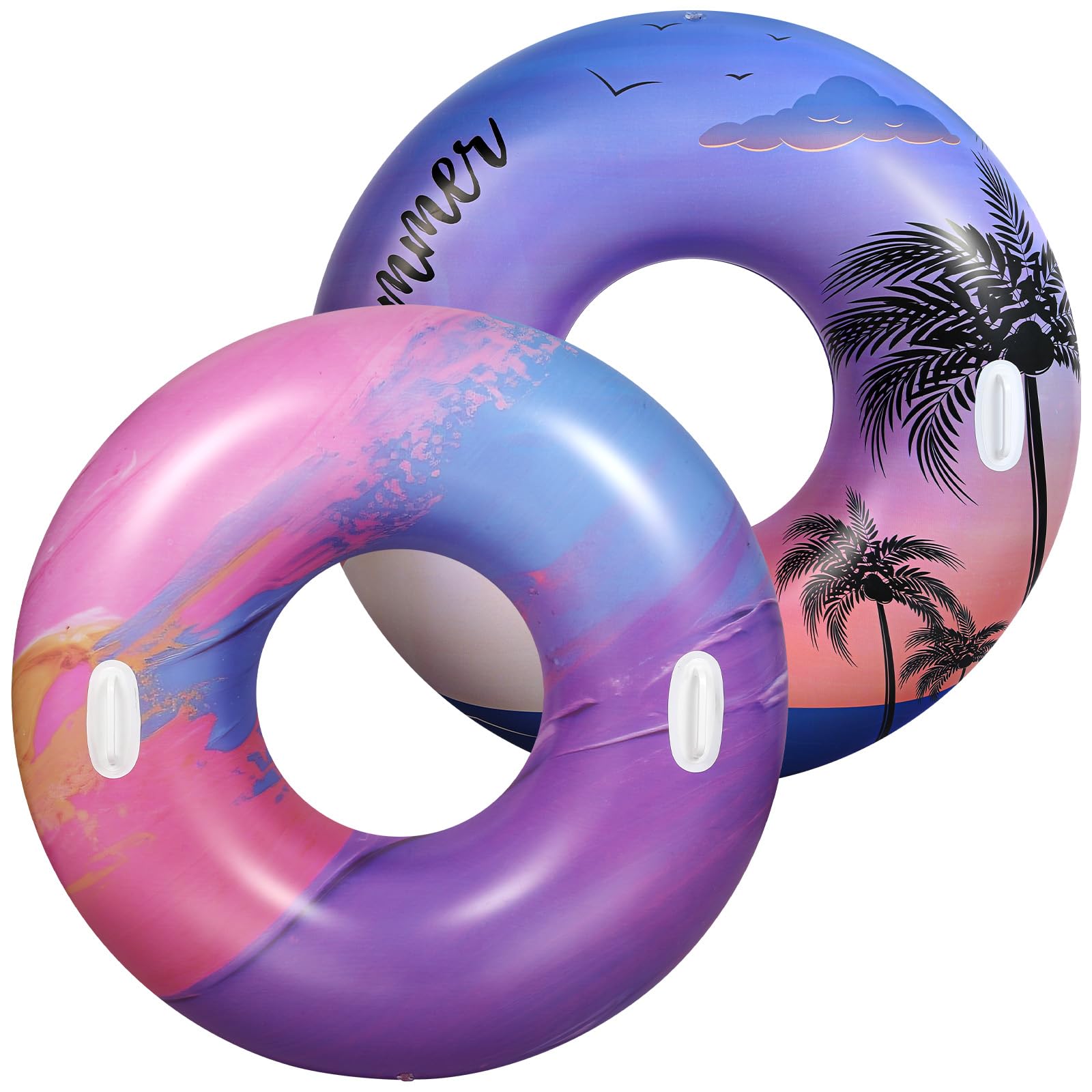 HeySplash Pool Tubes for Adult, 2 Packs Large Pool Floats with Handles, Inflatable Swim Rings Lounge, Hawaii Fun Swim Floaties Swimming Pool Beach Lake River Party Decoration Toys, Purple Sunset+Pink