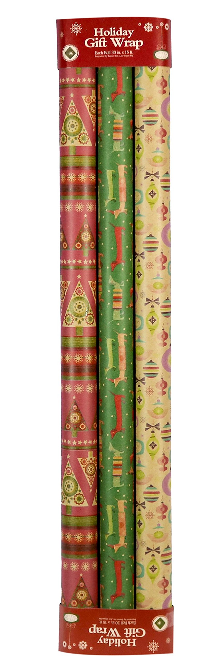 Holiday Retro Printed Kraft Wrapping Paper (Dog Santas-Christmas Space Ornaments-Pink Xmas Trees)