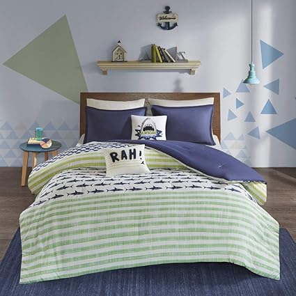 Ms 4pc Kids White Green Blue Shark Themed Comforter Twin Xl Set Cotton Navy Fun Boys Girls Horizontal Stripe Bedding Sharks Stripes Theme Pattern