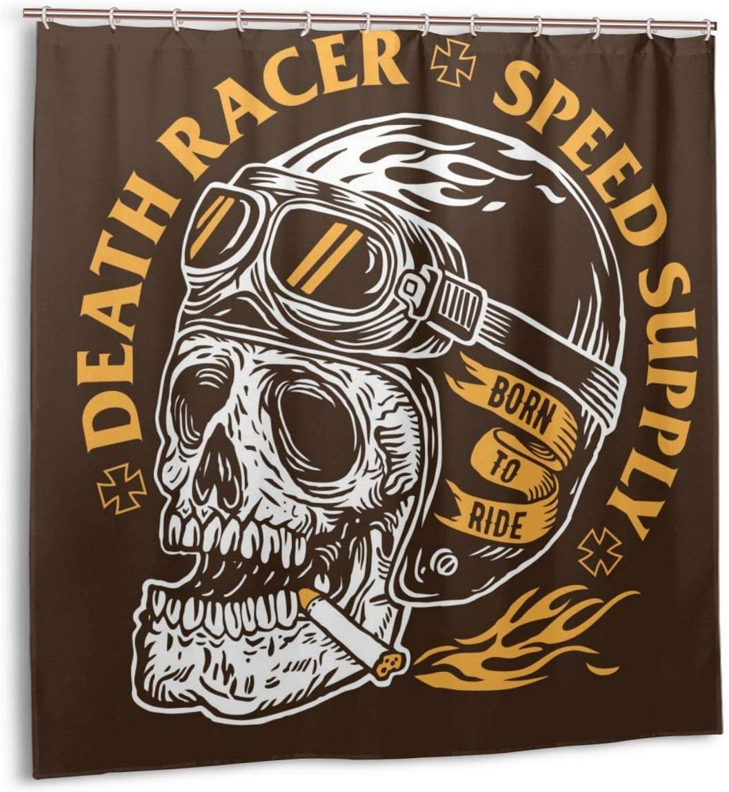 Zhengzho Shower Curtain for Bathroom Decor Curtains Set,Death Racer Skull Speed Supply Emblem Fabric Bath Curtains with Hooks 72x72in