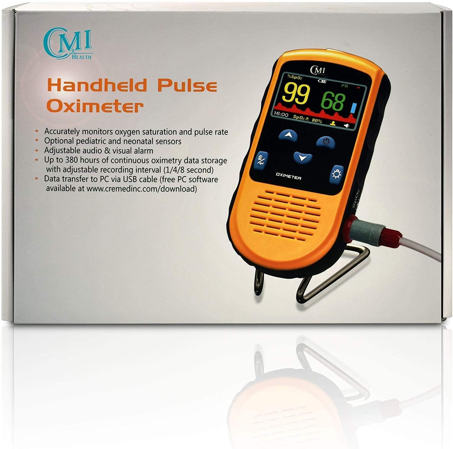 CMI Health Rechargeable Pulse Oximeter - Adult Finger Sensor for Continuous Monitoring & Spot-Checking - Adjustable Alarm for Pulse Rate and SpO2 Levels - Carry Case, AC Adapter Included: Health & Personal Care