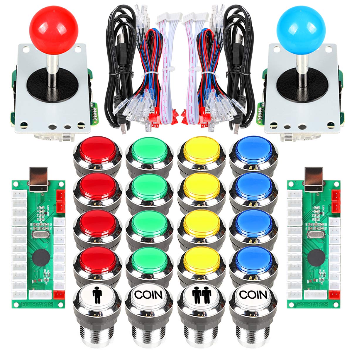 Fosiya 2 Player Arcade Joystick LED Chrome Push Buttons for PC MAME Raspberry Pi Video Games Arcade Cabinet Parts (Mixed Kit)