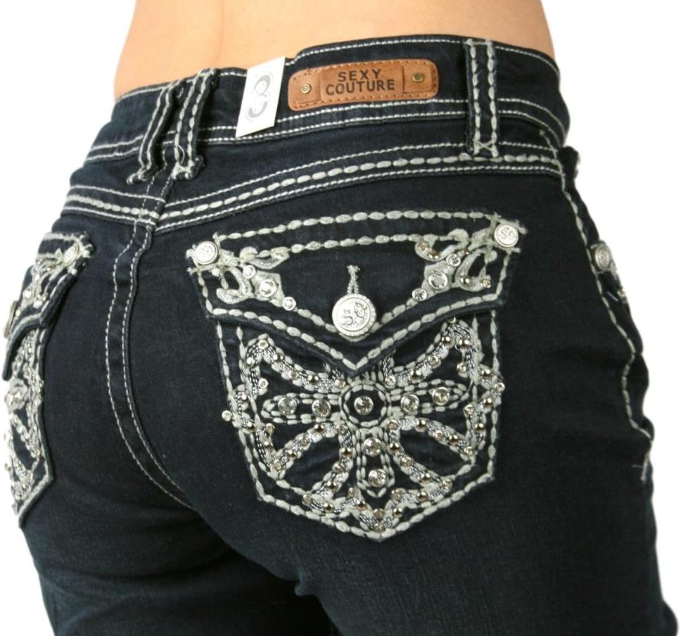 Sexy Couture Women's Fleur De Cross Stone Dark Wash Boot Cut Denim Jeans 3-17