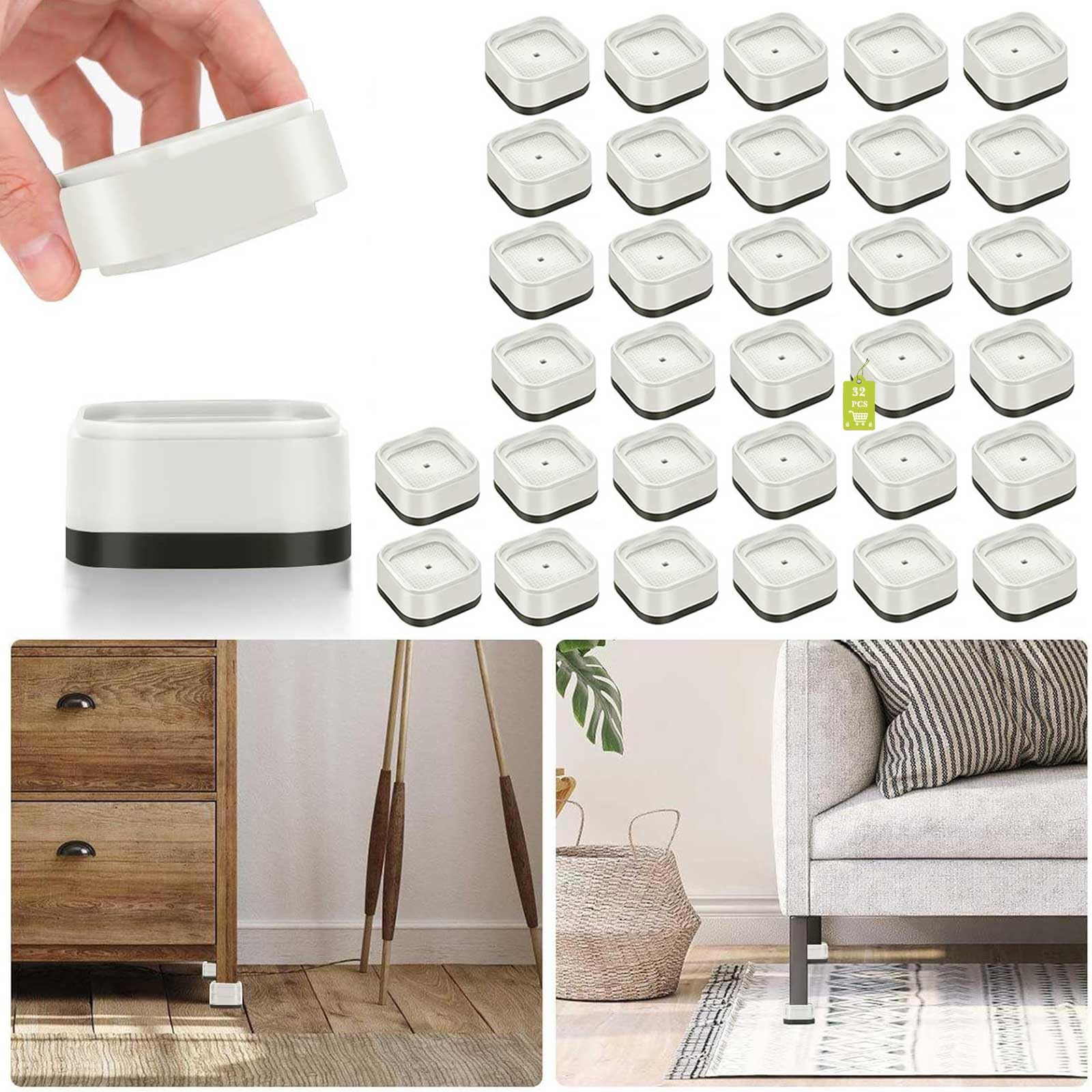 Yookwutar 32 Pack Furniture Risers 1 Inch, Adjustable Bed Risers Heavy Duty for Table Desk Couch Chair Sofa Cabinet Bed Legs Dorm, Square Stackable Bed Raisers Blocks Lift Height 1", 2" or 3", White