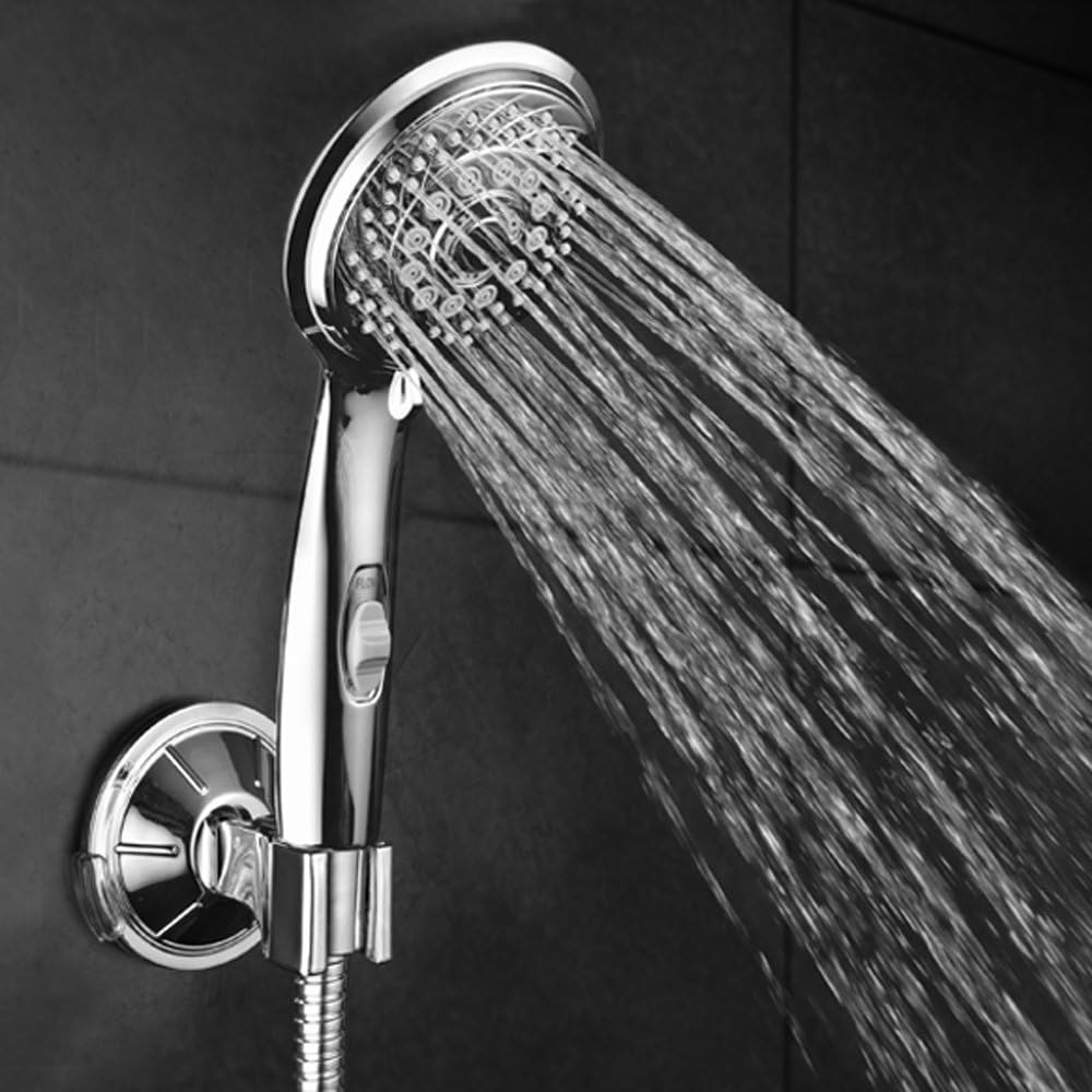 HotelSpa 7-setting AquaCare Series Spiral Handheld Shower Head Luxury Convenience Package with Pause Switch, Extra-long Hose PLUS Extra Low-Reach Bracket Stainless Steel Hose - All-Chrome Finish - - 