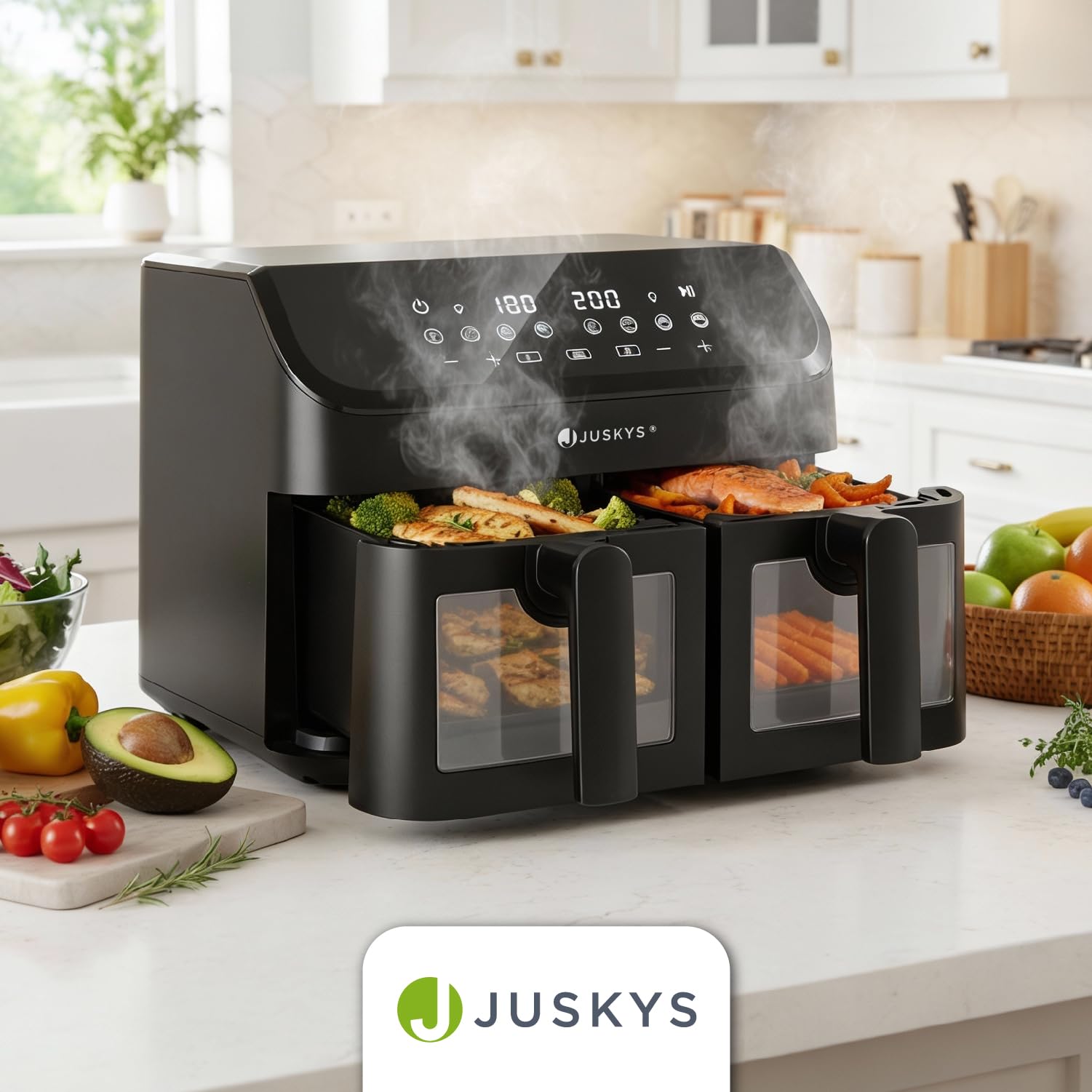 Juskys® Airfryer 9 L Doppelkammer - Heißluftfritteuse 2 Kammern, 9 Programme, beschichtet, XXL Fritteuse 7