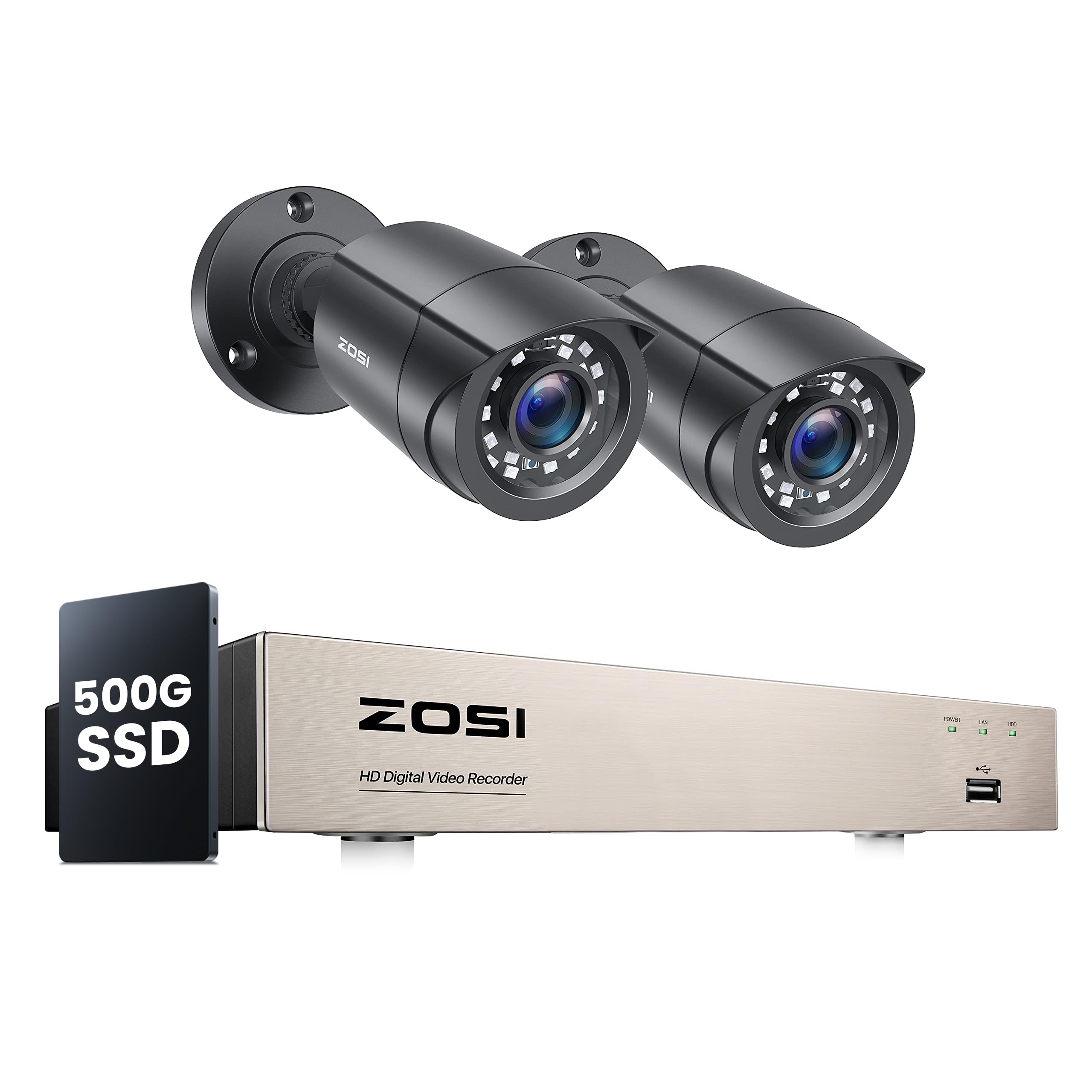 ZOSI 1080P Home CCTV Camera System with Human Vehicle Detection, 5MP Lite H.265+ 8CH DVR Recorder with 500GB SSD, 2pcs 2MP Weatherproof Outdoor Security Cameras, 80ft IR Night Vision, Smart Alerts