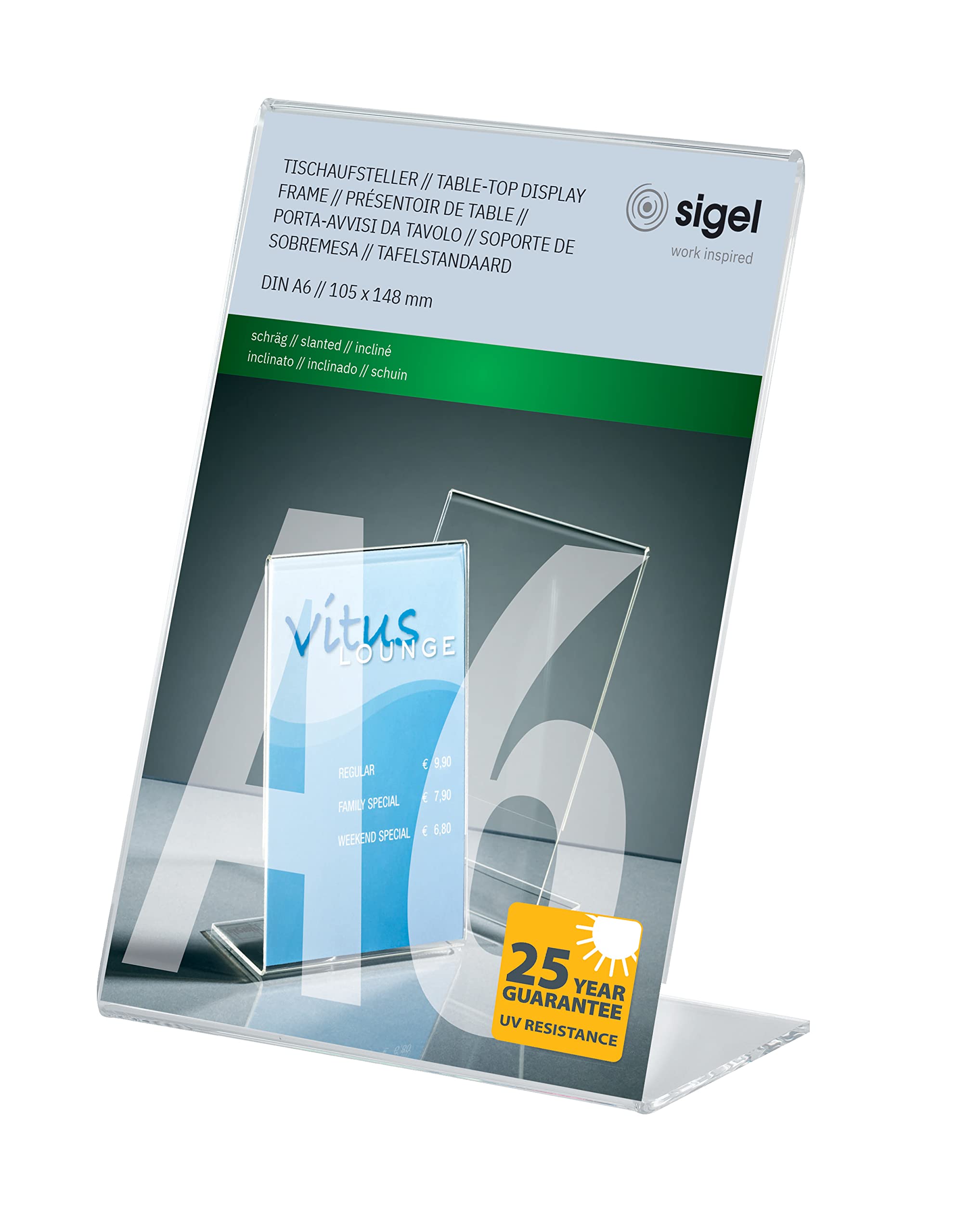 SIGEL TA214 Sign Holder, slanted, for A6, single-sided presentation, uv resistant acrylic, transparent, 1 Piece — image 1