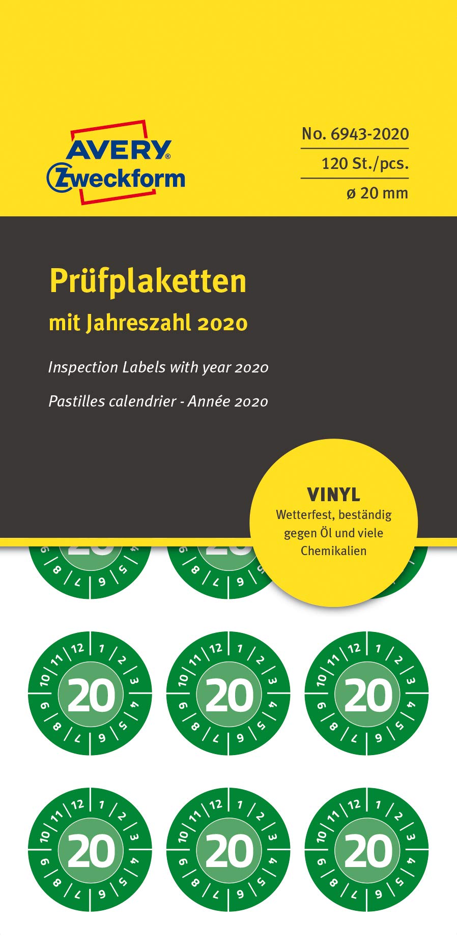 Avery Zweckform 6943 2020 Test Badges (120 Labels with Year Count 2020, Ø 20 mm 8 Sheet – Green