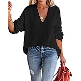 Imily Bela Womens Oversized Deep V Neck Sweaters Sexy Long Sleeve Tunic Sweater Knitted Dressy Pullover Jumper
