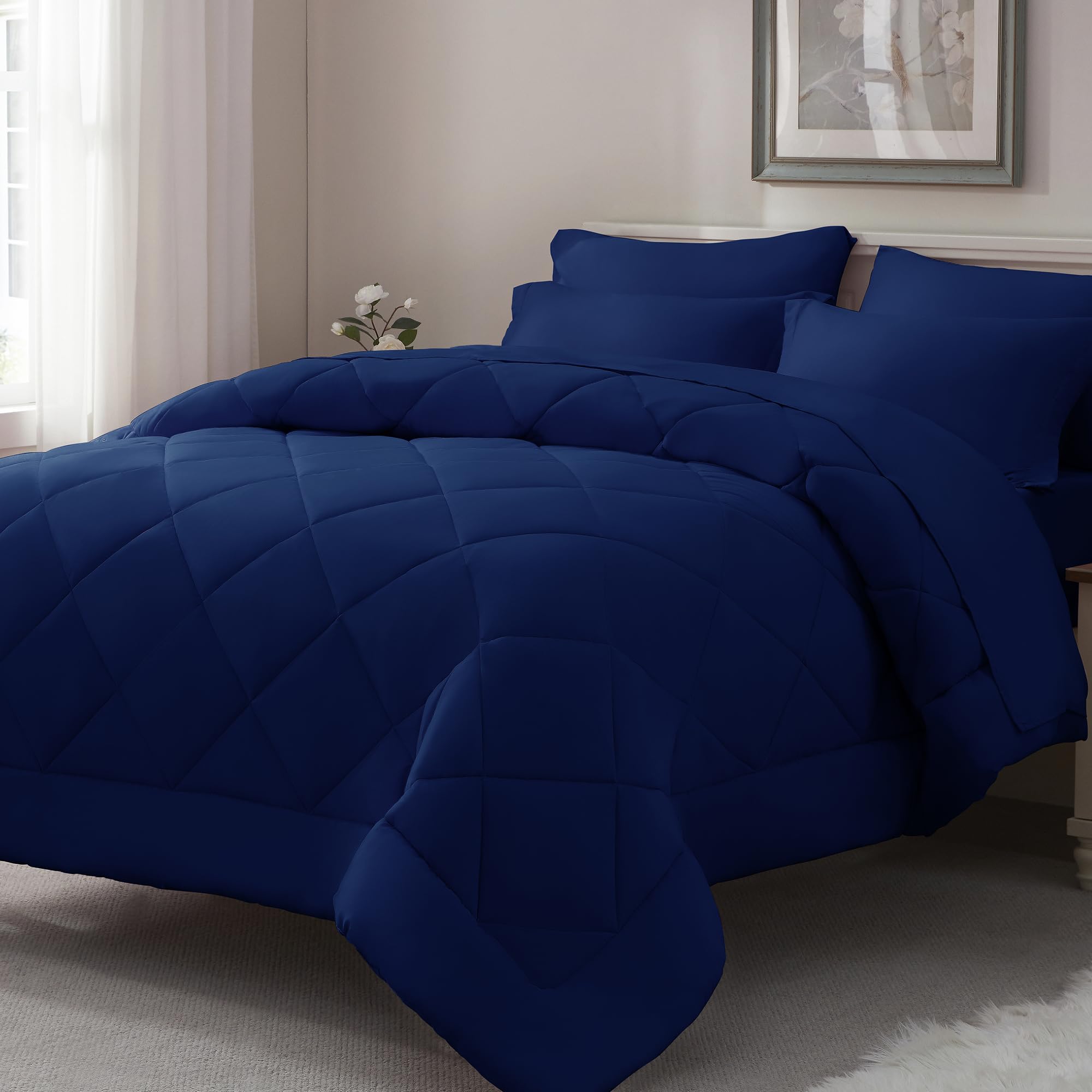 Photo 1 of ***SIMILAR ITEM***8 ELNIDO QUEEN® Queen Comforter Set Navy - 7 Pieces Bed in a Bag Queen Size, Bed Set All Seasons, Ultra Soft Dark Blue Bedding Sets with Comforter, Flat Sheet, Fitted Sheet, Pillowcases and Pillow Shams