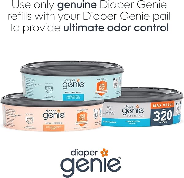 DIAPER GENIE ESSENTIALS ROUND REFILL 8-PACK | HOLDS UP TO 2560 NEWBORN DIAPERS | FEATURES UNSCENTED CONTINUOUS FILM | COMPATIBLE WITH DIAPER GENIE COMPLETE AND EXPRESSIONS PAILS,8 COUNT (PACK OF 1)