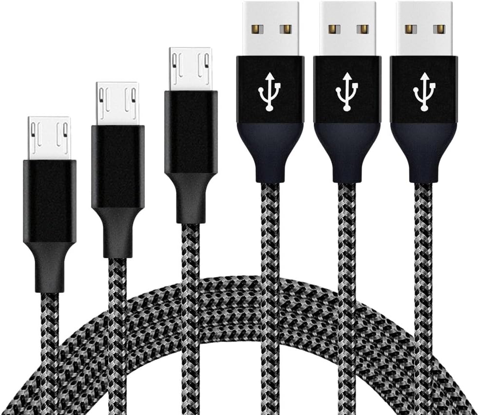 ONLINER Micro USB Cable,3Pack 3FT/6FT/10FT Long Nylon Braided Android Charger USB to Micro USB Charging Cable Samsung Charger Cord for Samsung Galaxy S7 Edge/S7/S6/S4/S3,Note 5/4/3 (Black White)
