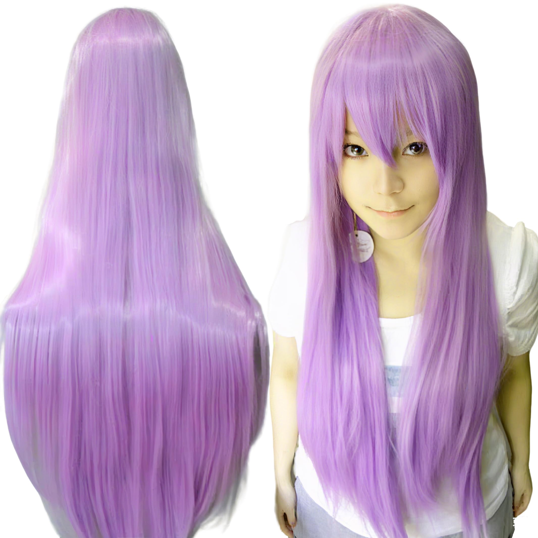 IMISSU 80cm Long Straight Natural Hair Cosplay Wigs with Bangs Colorful Halloween Costume Party Wig for Girl (Bright Purple)
