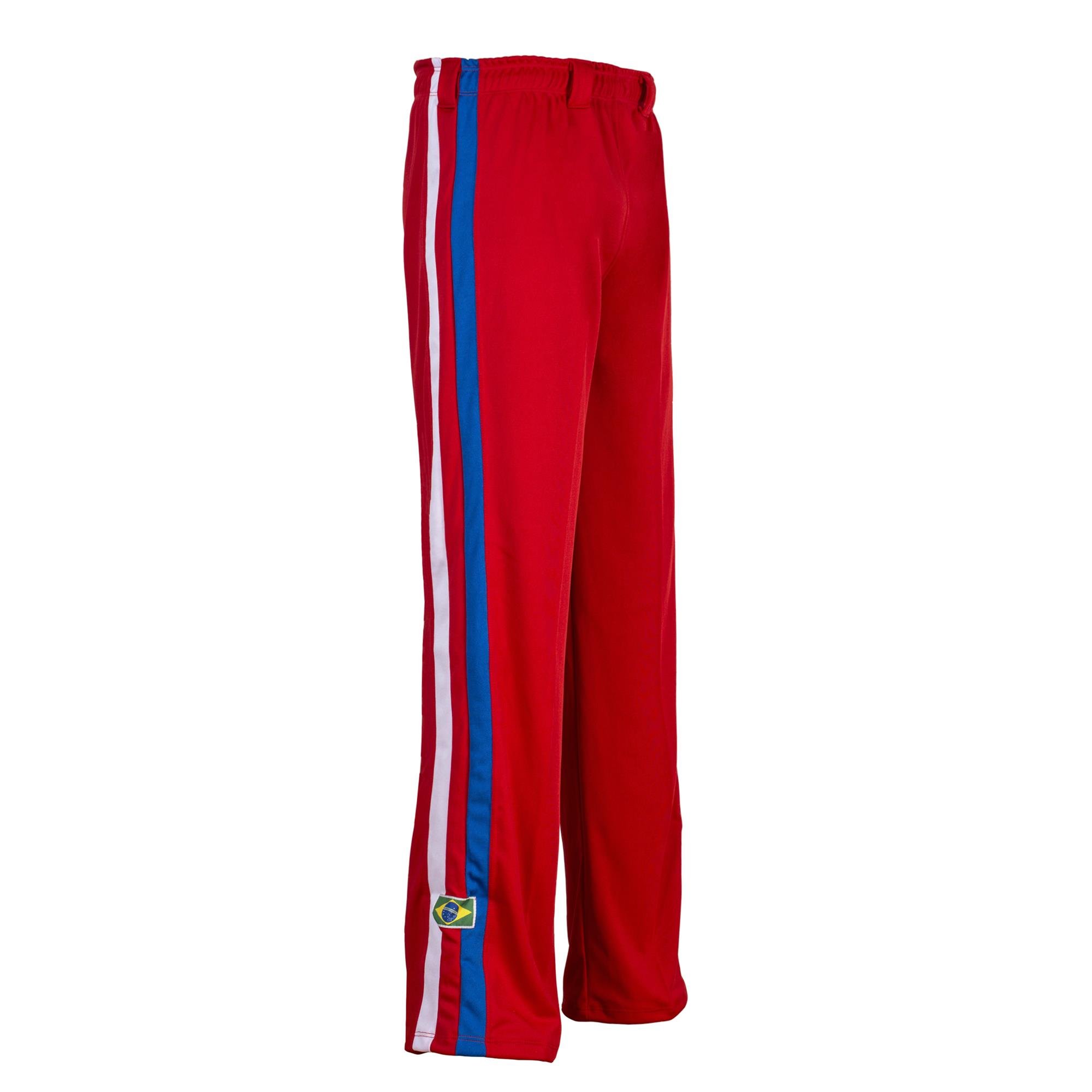 JL Sport Authentic Brazilian Capoeira Martial Arts Unisex's Trousers (Red with Blue and White Vertical Leg Stripes) - XL