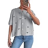 Springrain Womens Lightweight Short Sleeve Cardigan Button down Cropped Cute Heart Sweaters Knitwear