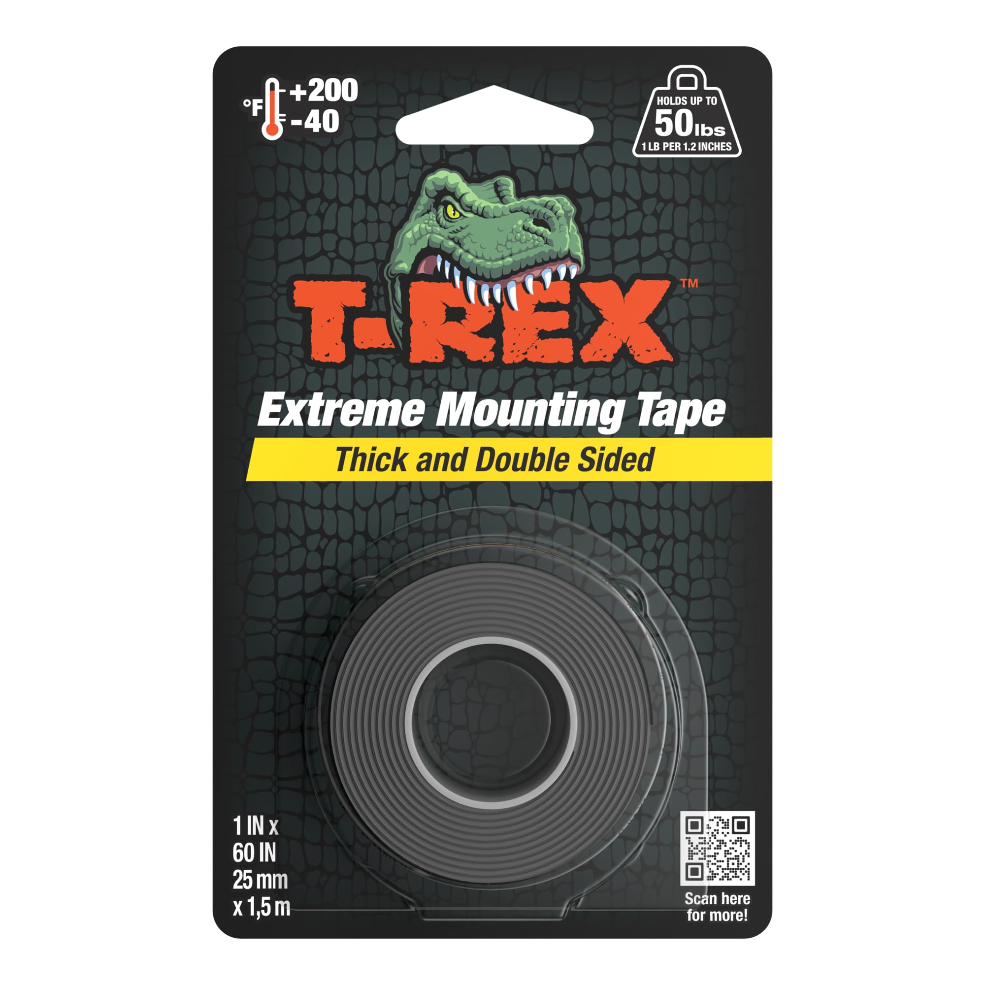 T-REX Tape Extreme Hold Heavy Duty Double Sided Mounting Tape Black, Holds up to 50lbs, 25mm x 1.5m