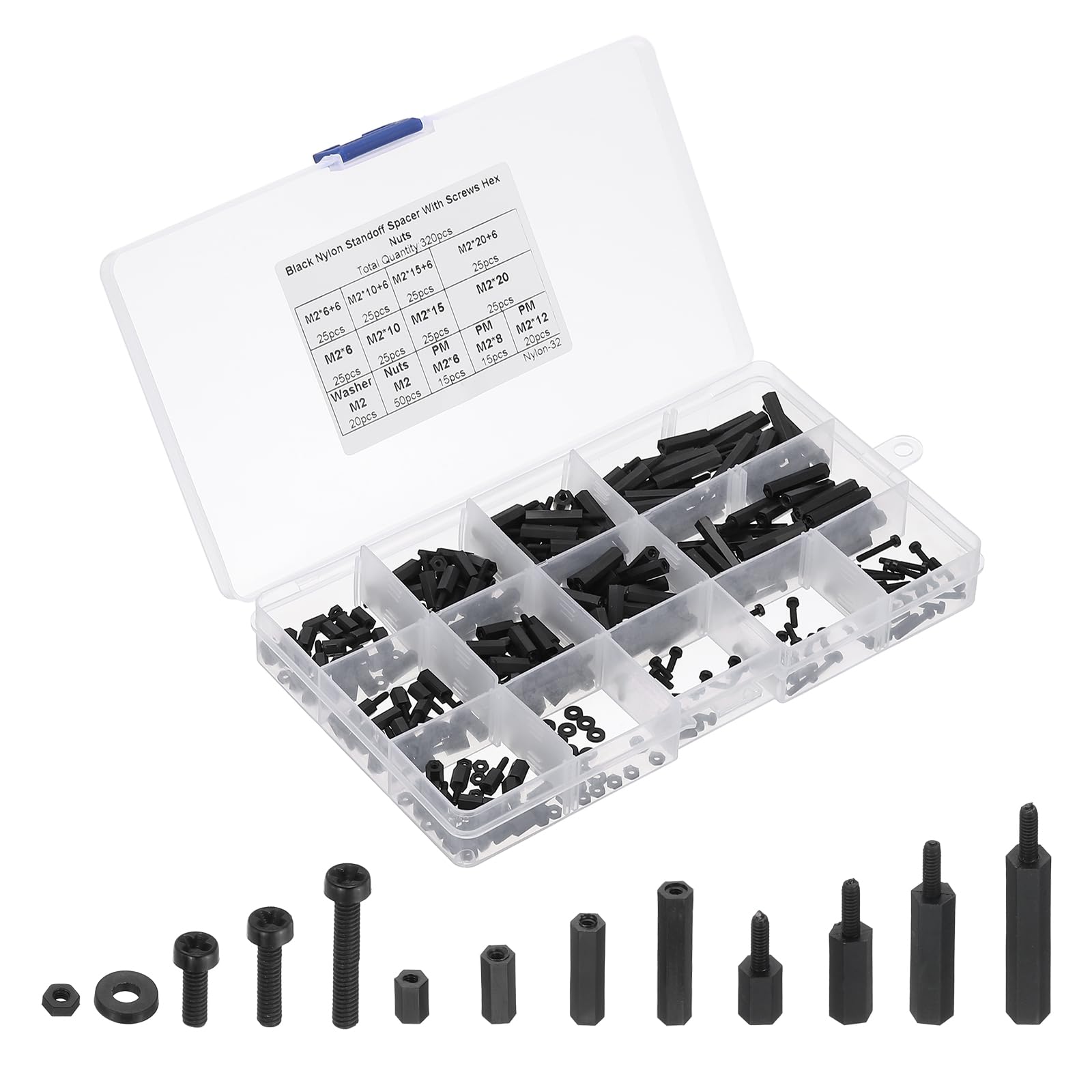 PATIKIL M2 Male Female Nylon Hex Spacer Standoff Kit, 320Pcs Motherboard Standoffs Assortment Kit, Electrical Outlet Spacers, Screws Nuts for PCB Motherboard, Circuit Board, Black