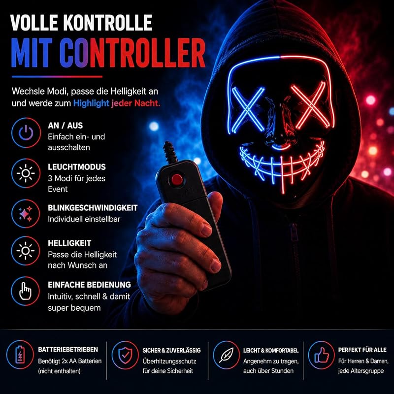 Máscara de terror LED rojo y azul - como de Purge con 3 efectos de luz, controlable, para Halloween como disfraz para hombres y mujeres — foto 4 de 7