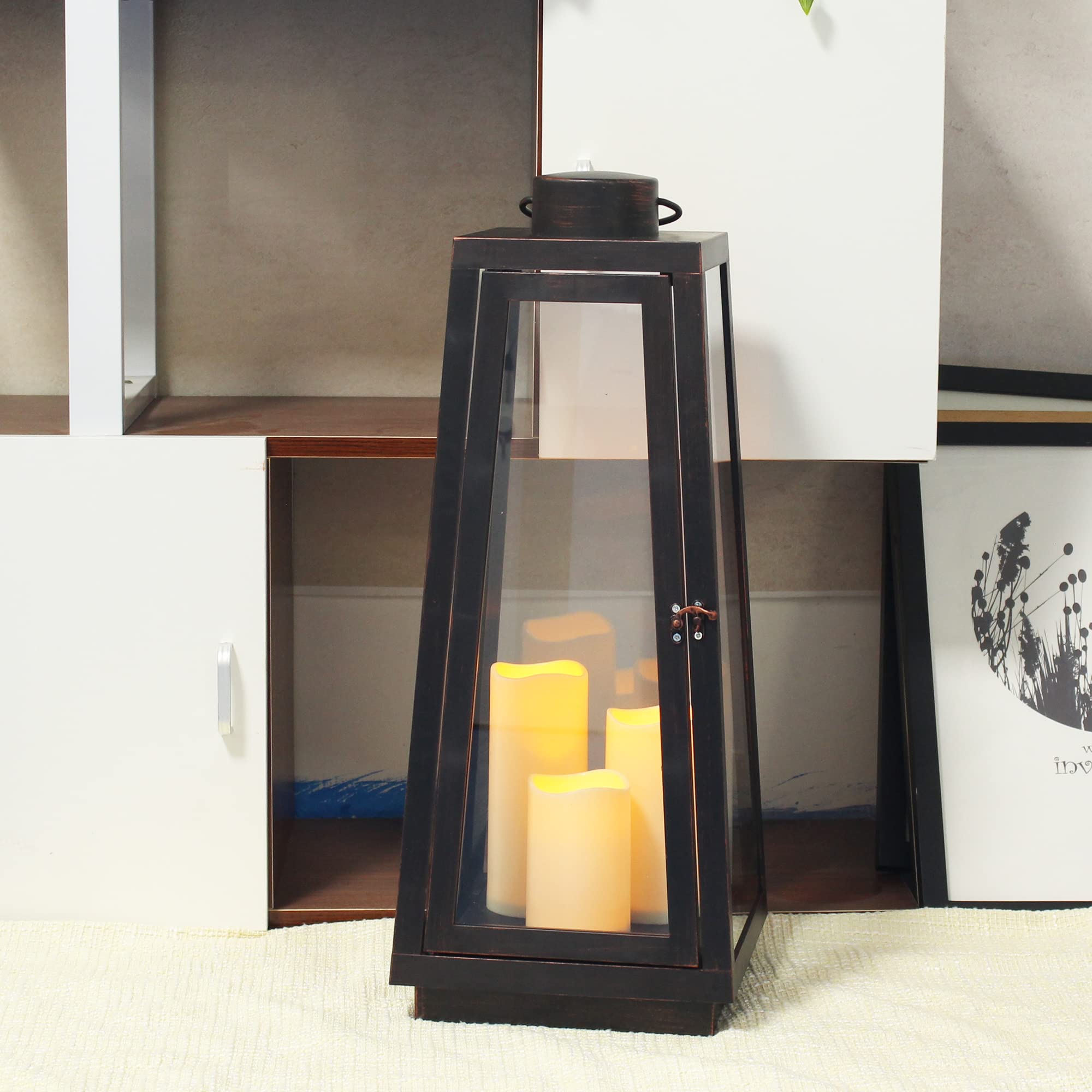 Photo 1 of 1Pack Decorative Big Lantern 25.2" H with Dancing Flame LED Timer Candle,ON/Off/Timer LED Candle with 6hours,Hanging Lantern for Outdoor Garden/ Indoor Use.