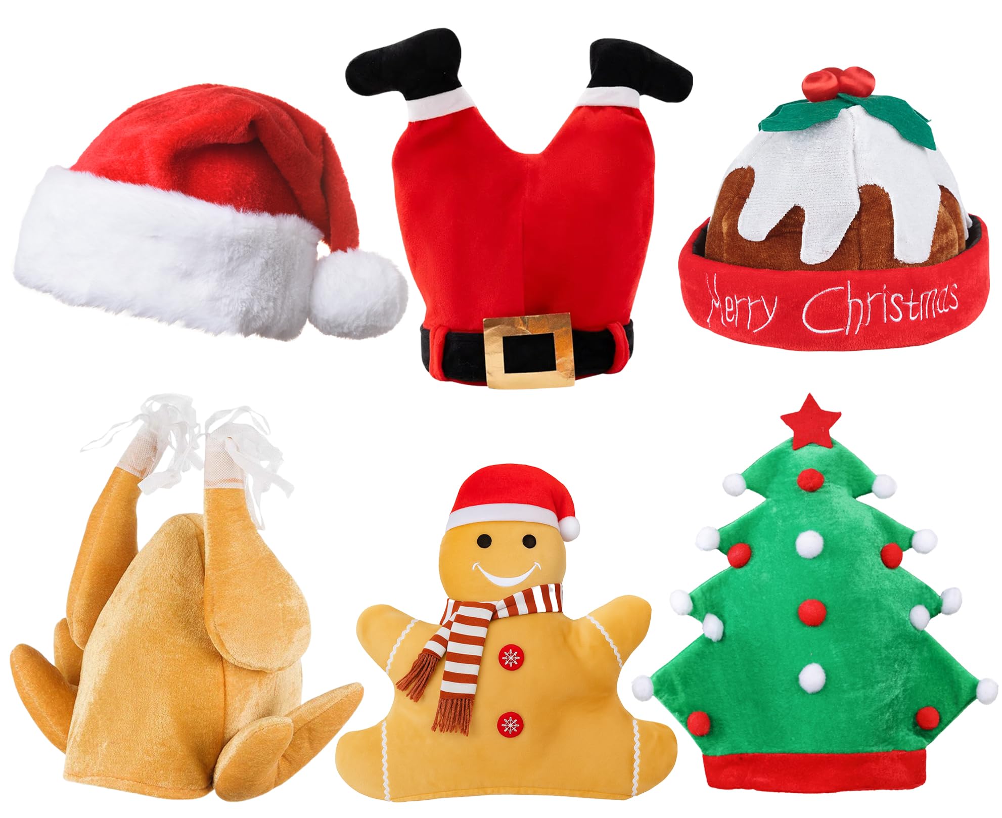 Novelty Christmas Hats Adults and Kids - Novelty Christmas Hat Pack for Kids and Adults - Silly Festive Headwear as Santa Xmas Party Props - Funny Xmas Headwear with Turkey, Pudding and Tress
