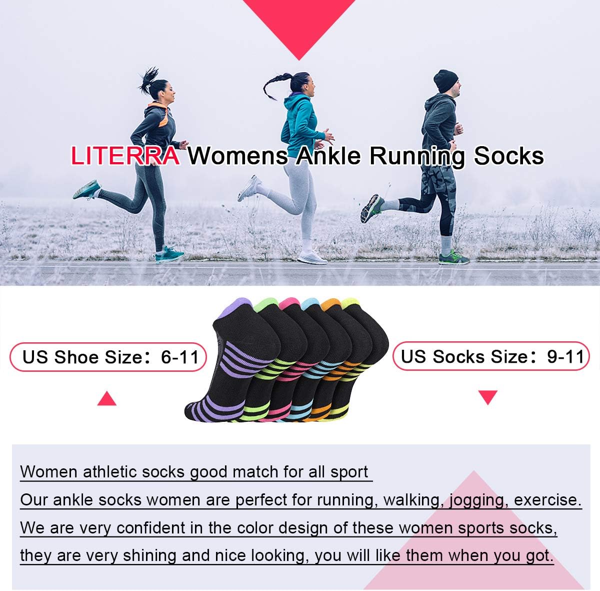 LITERRA Womens Ankle Socks 6-Pairs Athletic Running Low Cut Socks Cushioned : Sports & Outdoors