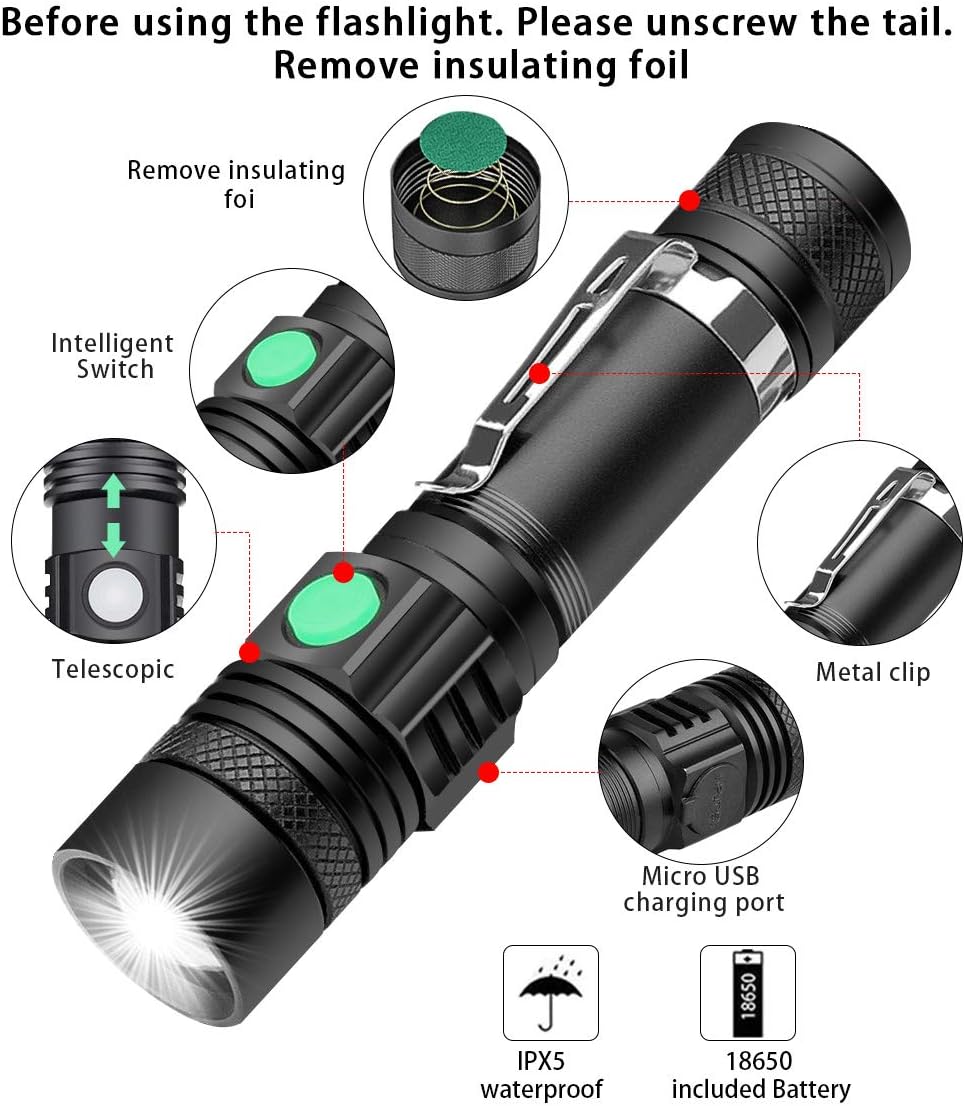 Rechargeable Flashlight, Flashlights High Lumens (Include 18650 battery), iToncs Pocket-Sized Led Flashlight with Clip, Water Resistant, Zoomable, 4 Modes for Hiking Camping Emergency 2 Pack - - 