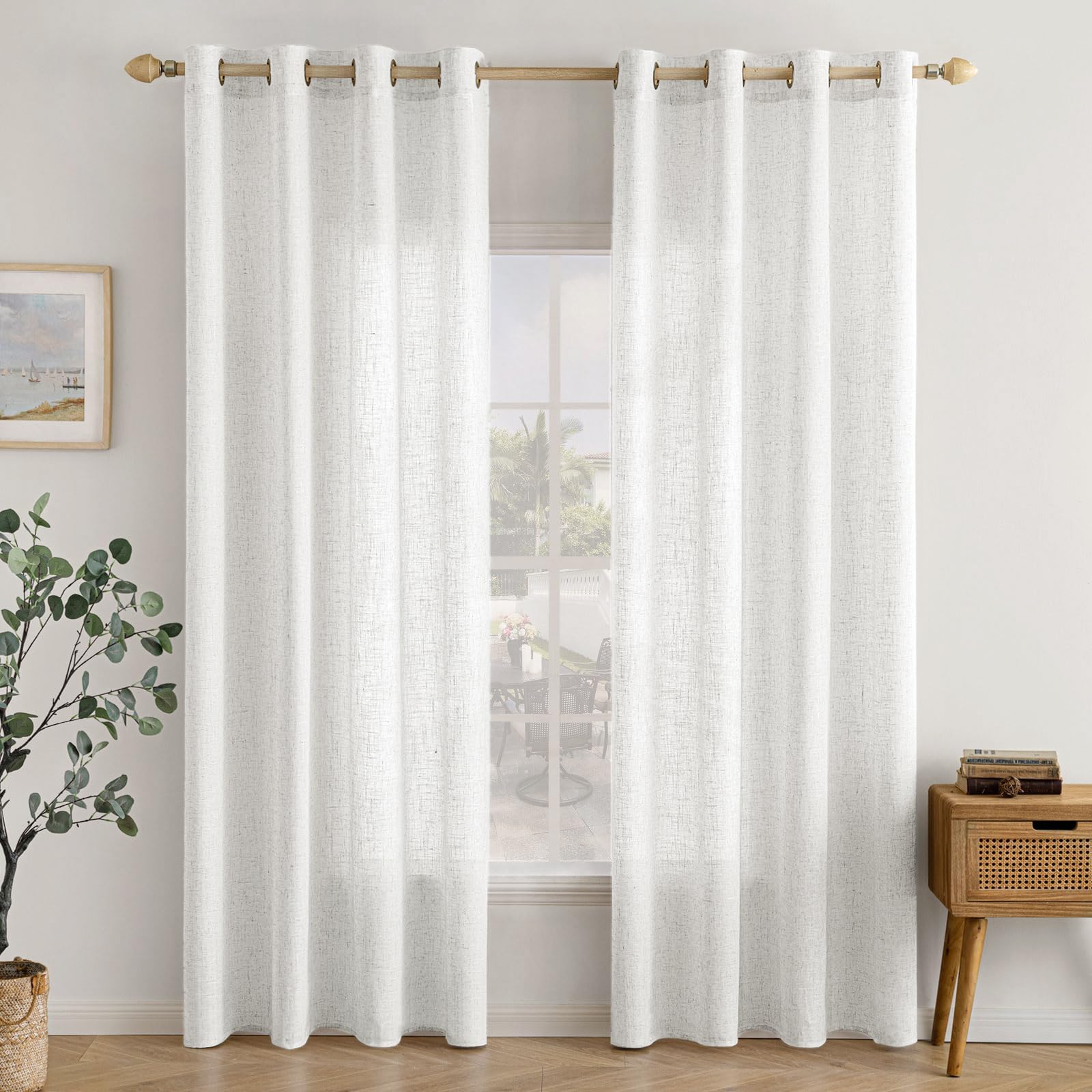 EMEMA Linen Curtain with Eyelets, Linen Look Voile Curtain, Modern Semi-Transparent for Living Room, Kitchen Curtains, Tab-Top Curtain, Children's Room, Set of 2, 140 x 225 cm, Pure White