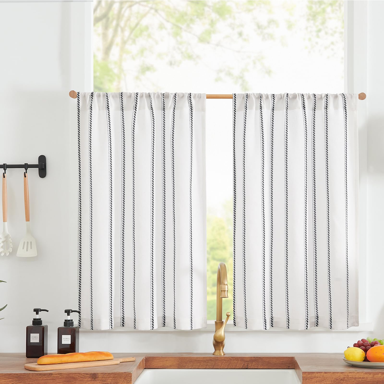 Photo 1 of jinchan Nautical Linen Striped Kitchen Curtains 24 Inch Farmhouse Tier Cafe Curtains for Living Room Bathroom RV Rustic Half Window Light Filtering 2 Panels Black on White