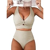 Herseas Women's Textured Bikini Sets Twist Front Top Swimsuits High Waisted Bathing Suits
